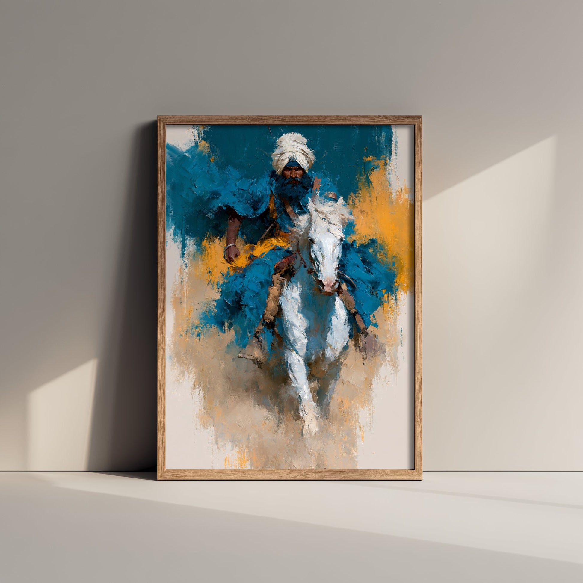 Nihang Sikh Warrior Art Print - Horseback Painting - Singh Rider Poster V5