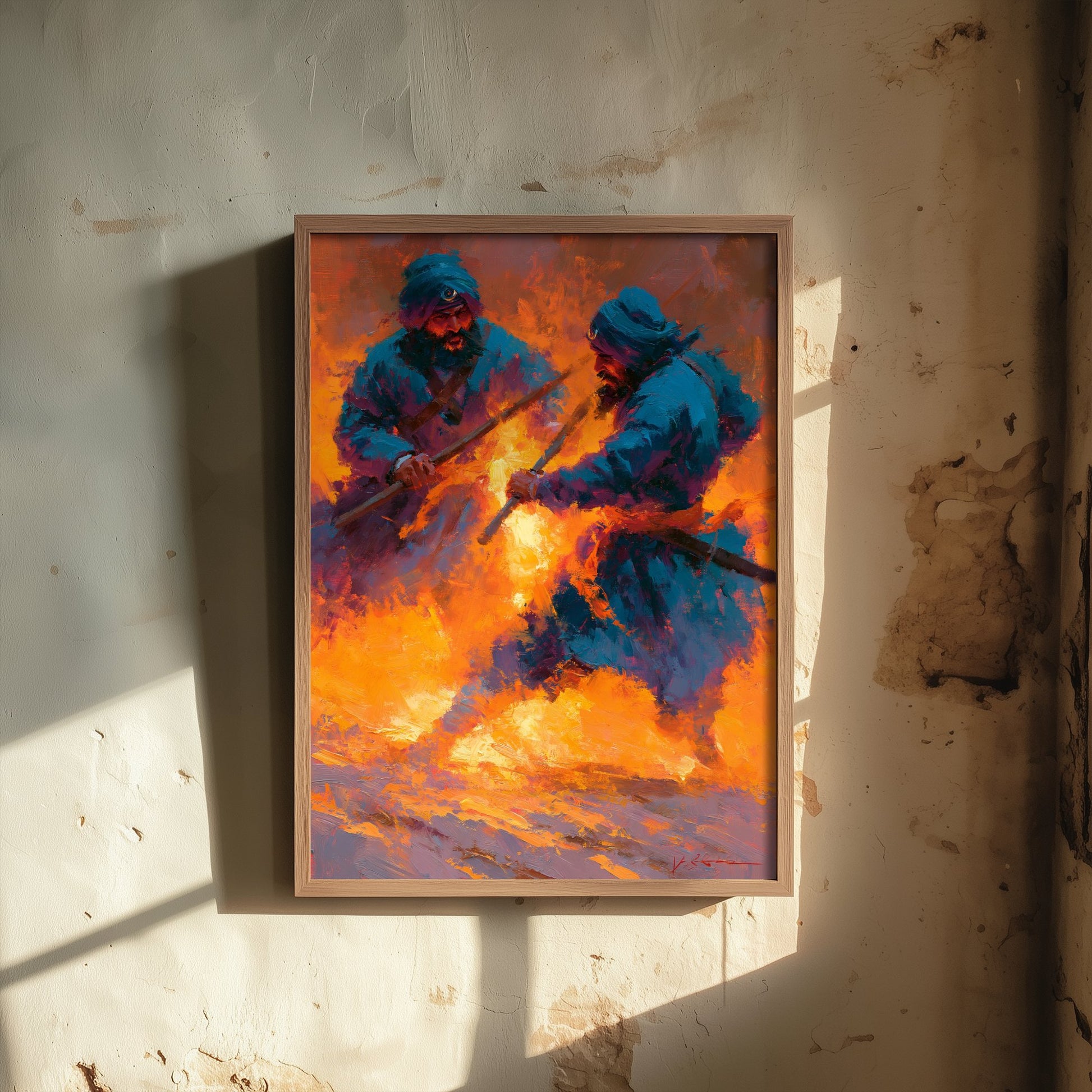 Nihang Sikh Gatka Art Print - Staff Sparring Painting - Sikh Martial Arts Poster V1
