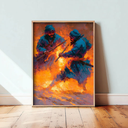 Nihang Sikh Gatka Art Print - Staff Sparring Painting - Sikh Martial Arts Poster V1
