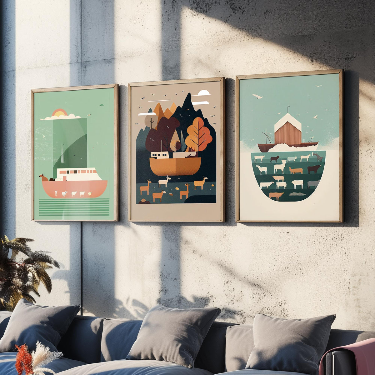 Noah's Ark Set of Three Art Prints - Minimalist Ark and Animals - Retro Bible Story Poster Illustration