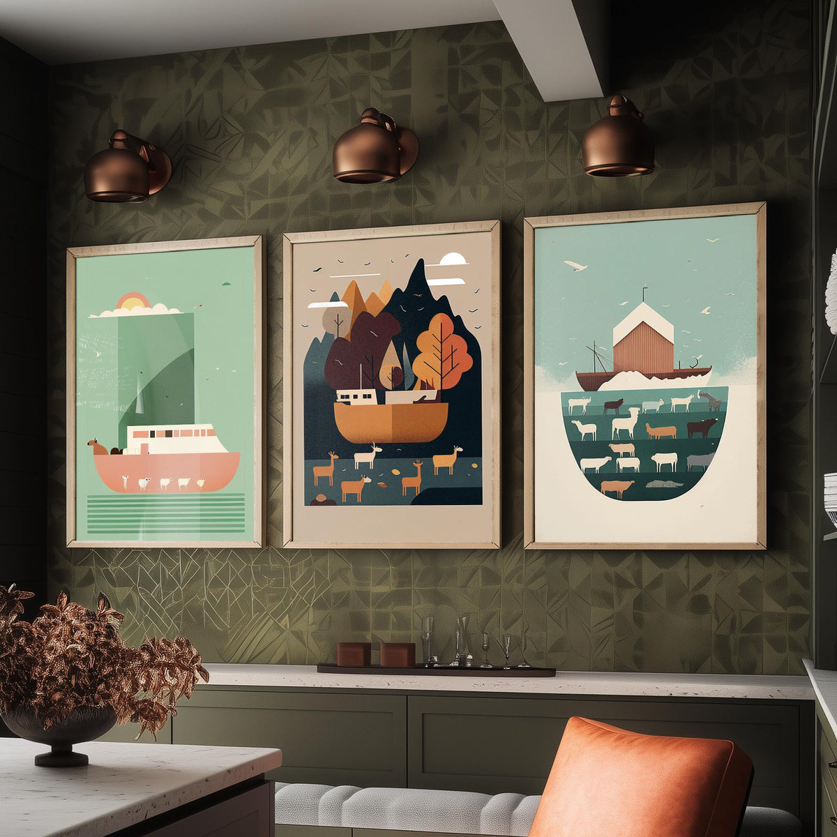 Noah's Ark Set of Three Art Prints - Minimalist Ark and Animals - Retro Bible Story Poster Illustration