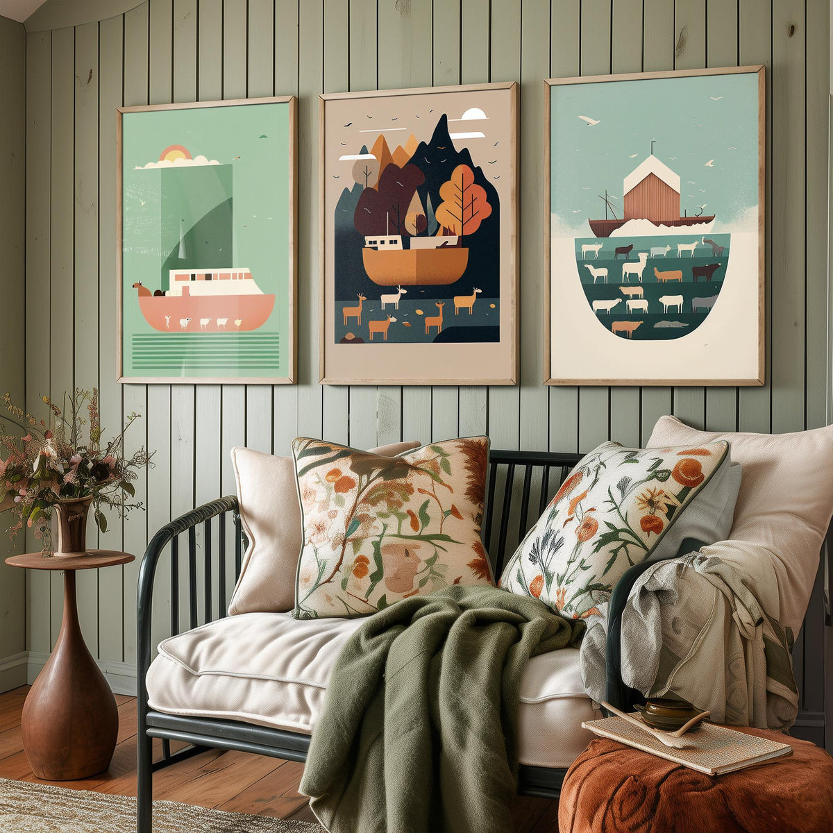 Noah's Ark Set of Three Art Prints - Minimalist Ark and Animals - Retro Bible Story Poster Illustration