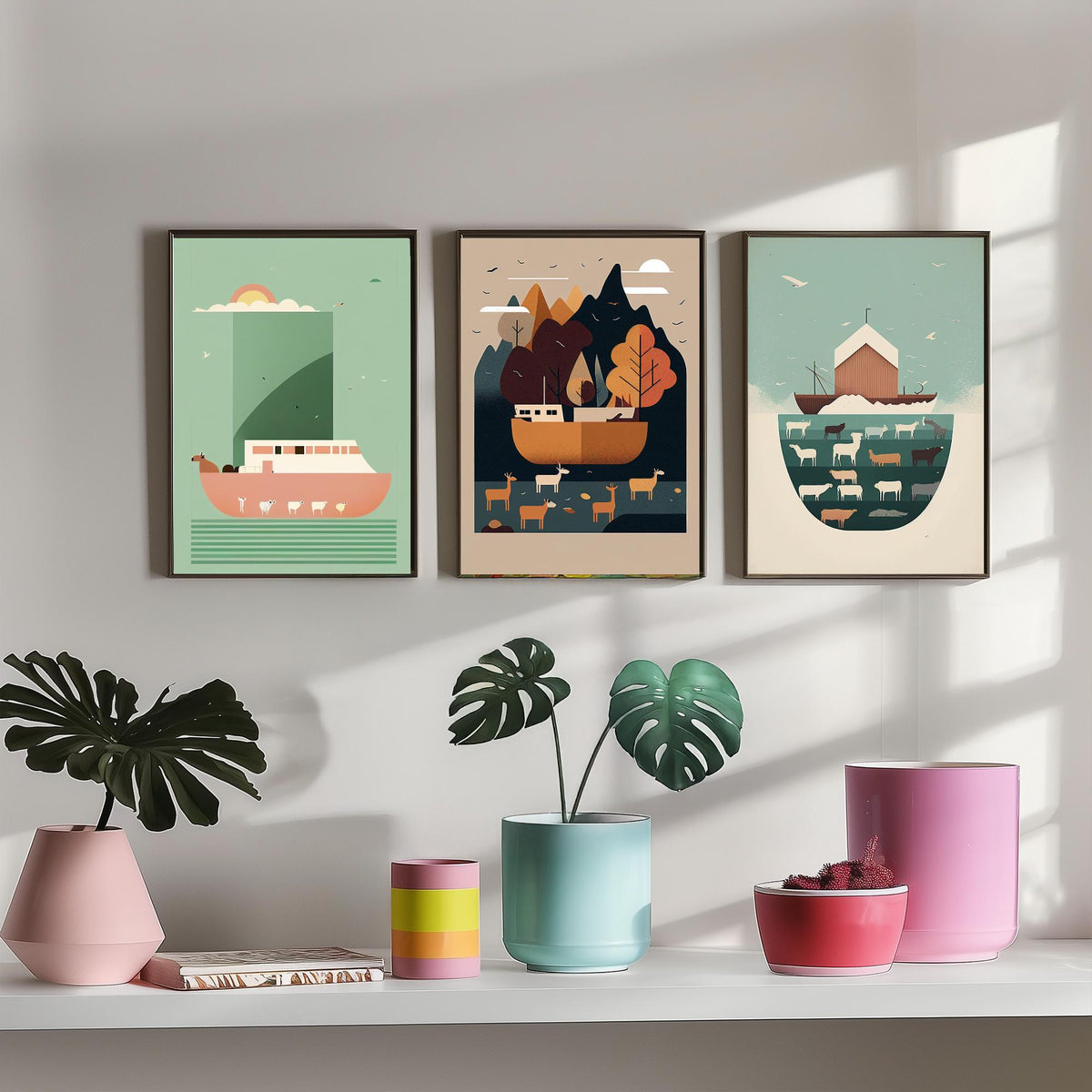 Noah's Ark Set of Three Art Prints - Minimalist Ark and Animals - Retro Bible Story Poster Illustration
