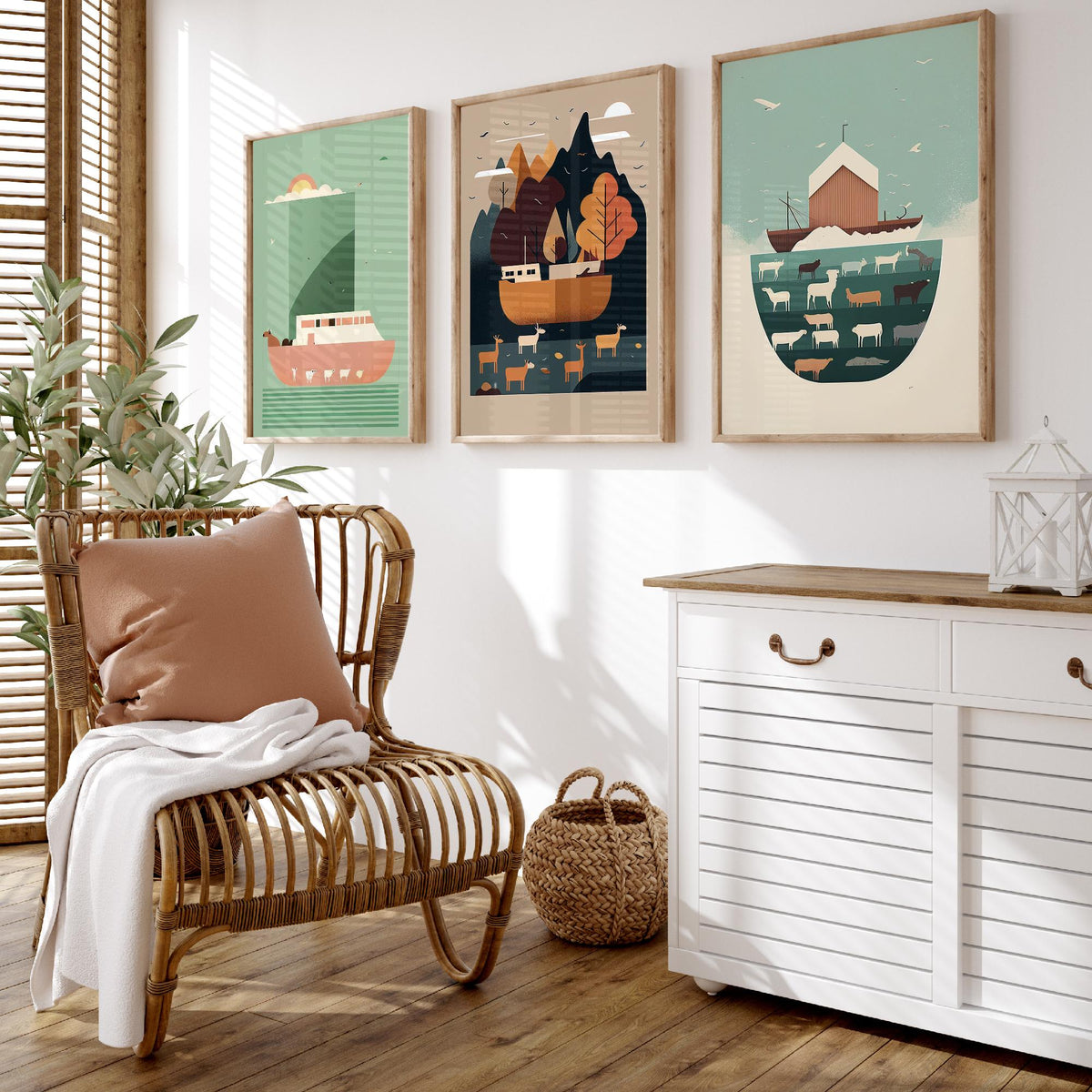Noah's Ark Set of Three Art Prints - Minimalist Ark and Animals - Retro Bible Story Poster Illustration