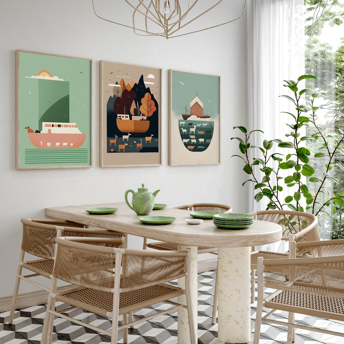 Noah's Ark Set of Three Art Prints - Minimalist Ark and Animals - Retro Bible Story Poster Illustration