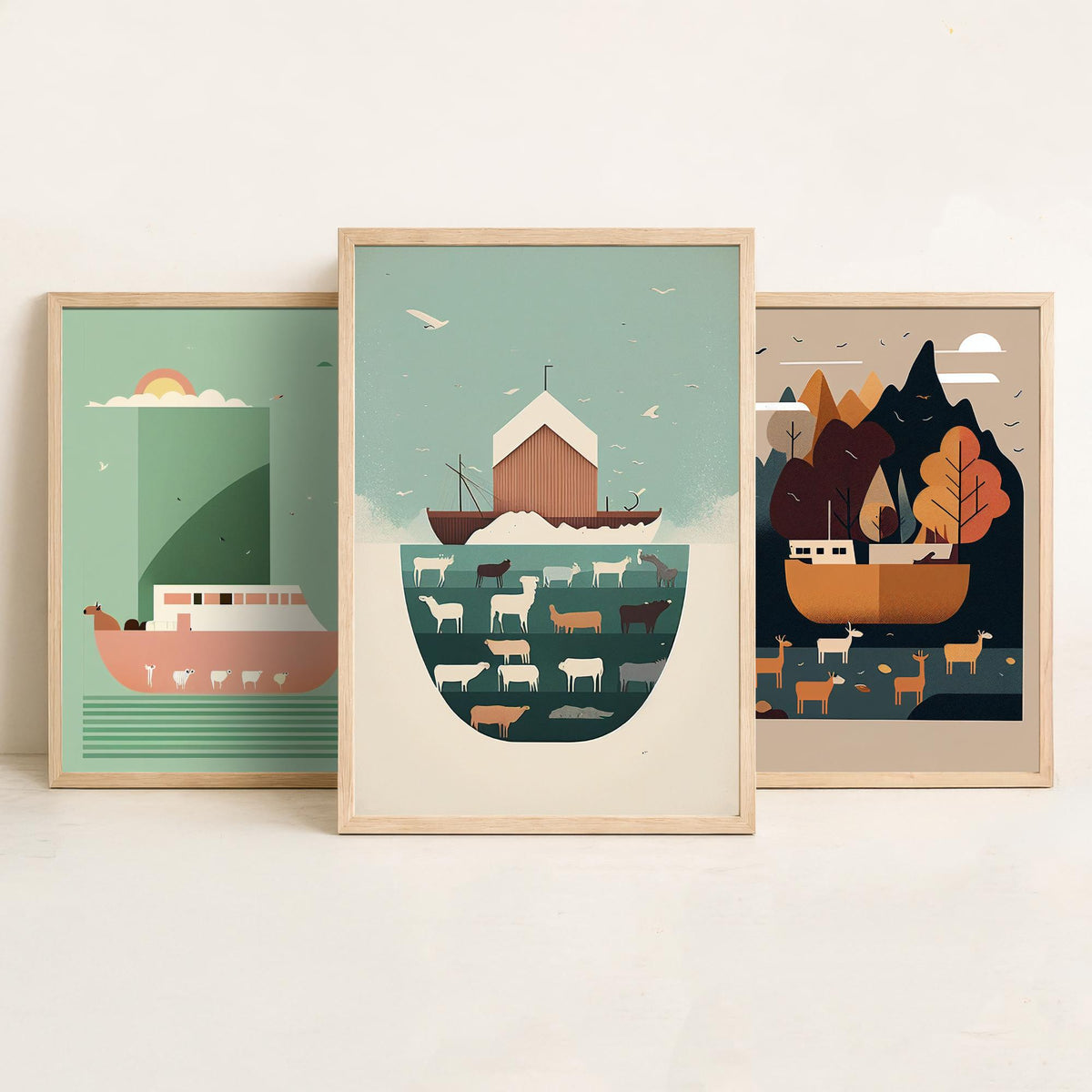 Noah's Ark Set of Three Art Prints - Minimalist Ark and Animals - Retro Bible Story Poster Illustration