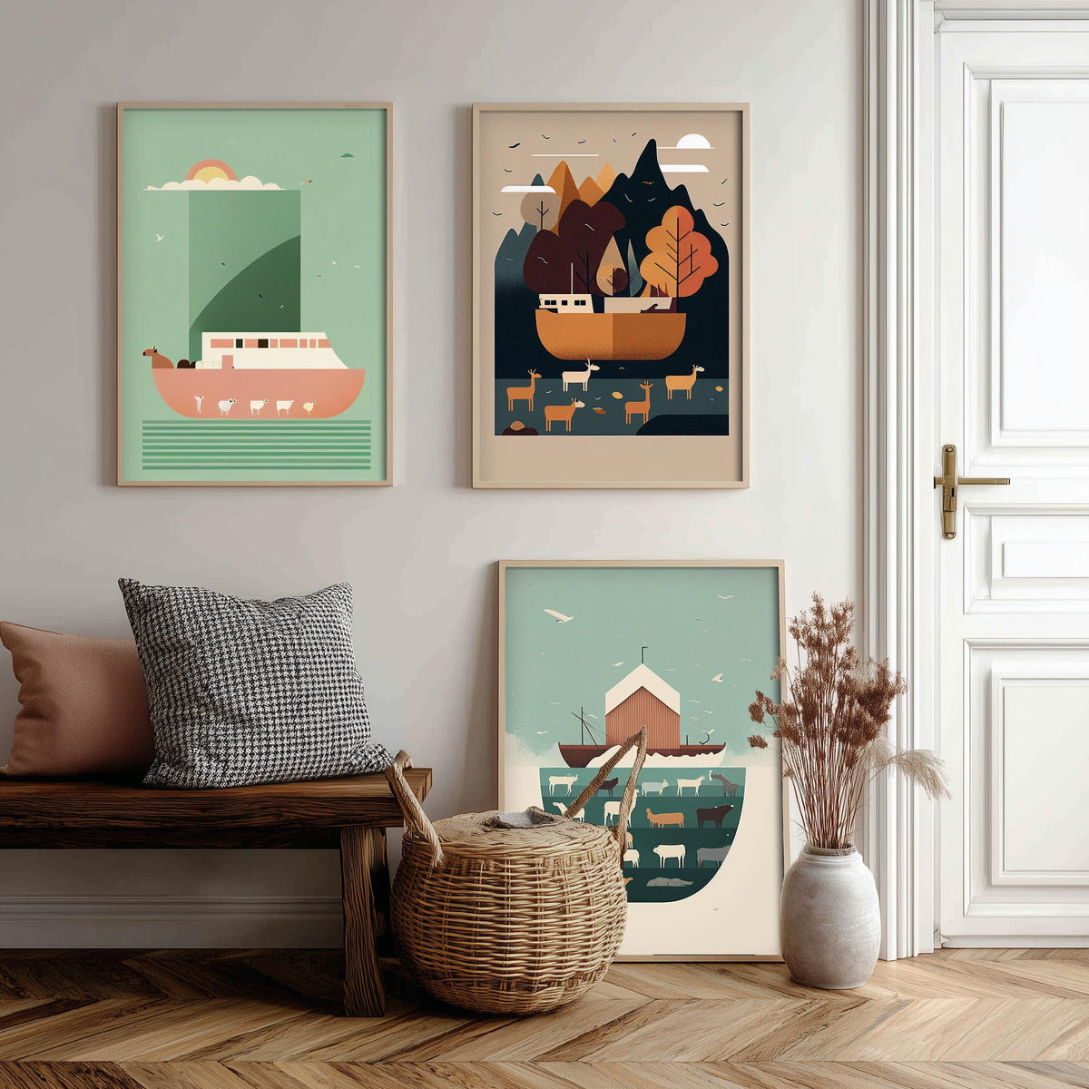 Noah's Ark Set of Three Art Prints - Minimalist Ark and Animals - Retro Bible Story Poster Illustration