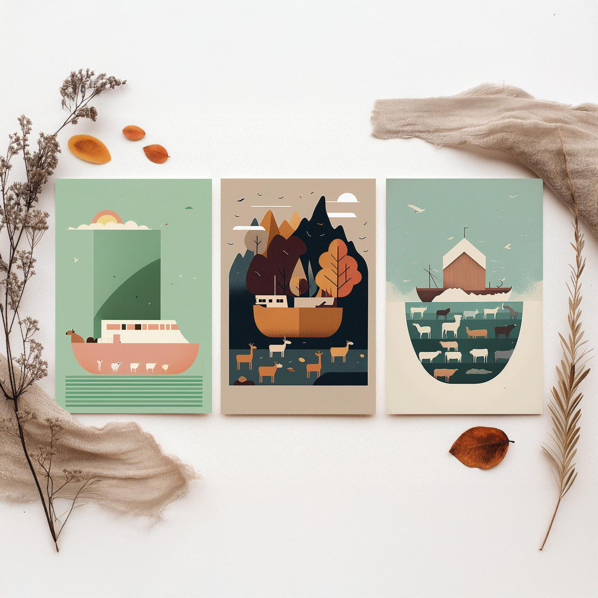 Noah's Ark Set of Three Art Prints - Minimalist Ark and Animals - Retro Bible Story Poster Illustration