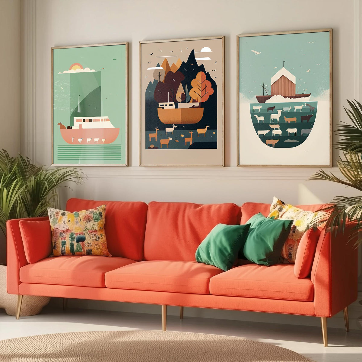 Noah's Ark Set of Three Art Prints - Minimalist Ark and Animals - Retro Bible Story Poster Illustration
