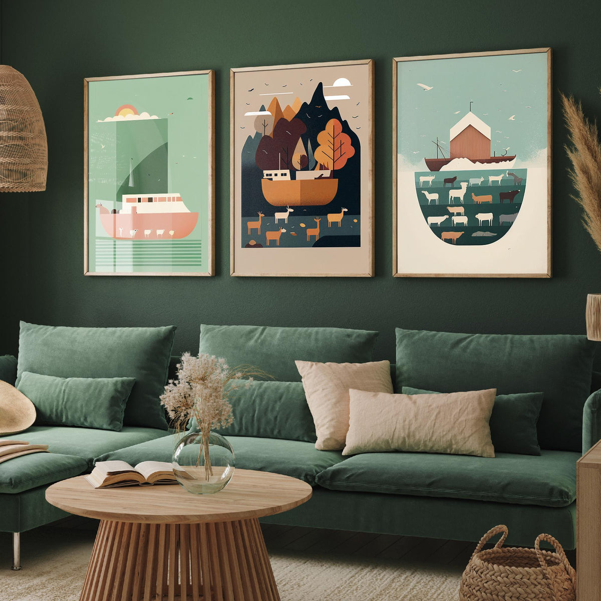 Noah's Ark Set of Three Art Prints - Minimalist Ark and Animals - Retro Bible Story Poster Illustration