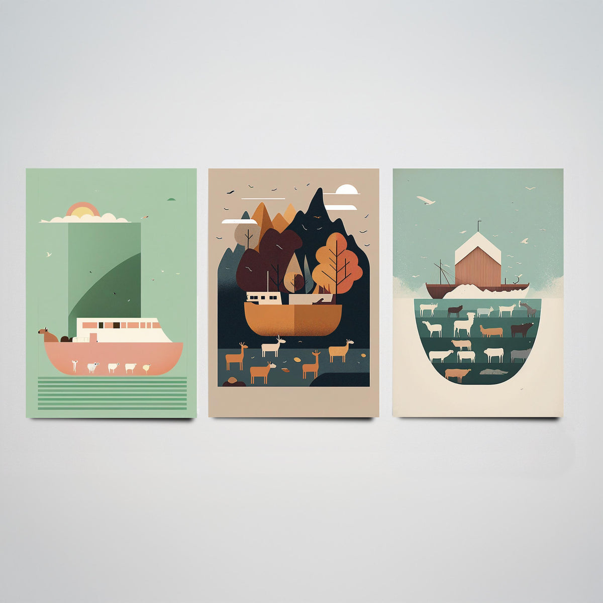 Noah's Ark Set of Three Art Prints - Minimalist Ark and Animals - Retro Bible Story Poster Illustration