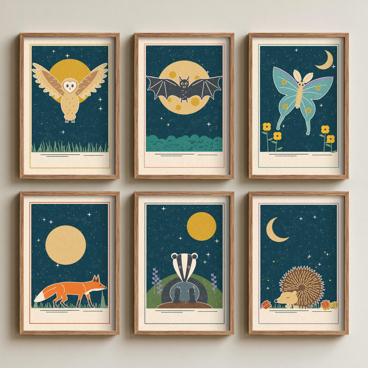 Set of Six Nocturnal Animal Art Prints - 6 Moonlit Linocut Style Posters - Barn Owl, Bat, Moth, Fox, Badger, Hedgehog Illustration