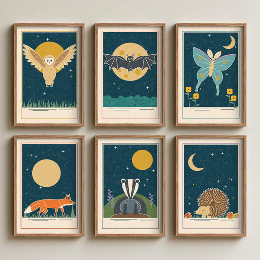 Set of Six Nocturnal Animal Art Prints - 6 Moonlit Linocut Style Posters - Barn Owl, Bat, Moth, Fox, Badger, Hedgehog Illustration