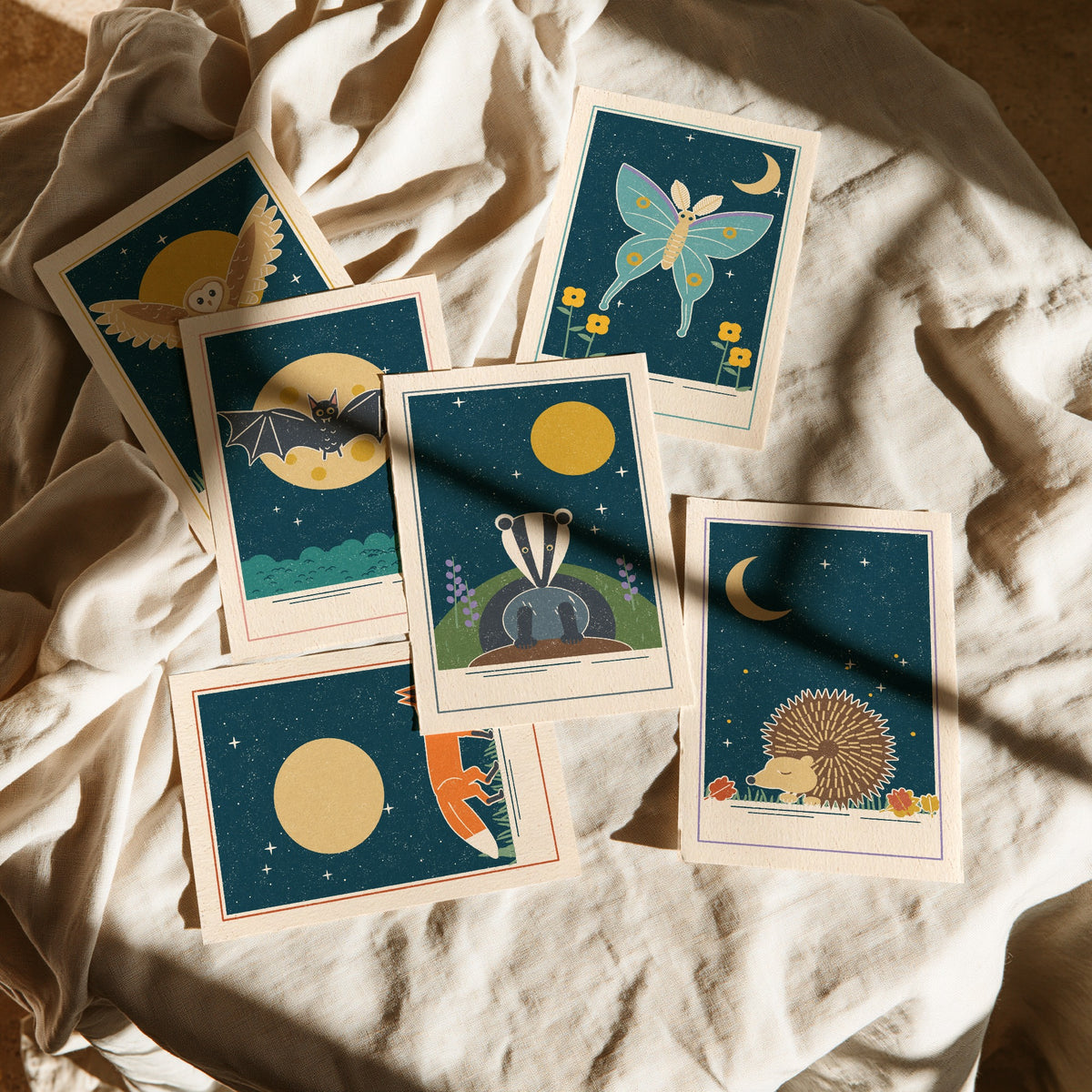 Set of Six Nocturnal Animal Art Prints - 6 Moonlit Linocut Style Posters - Barn Owl, Bat, Moth, Fox, Badger, Hedgehog Illustration