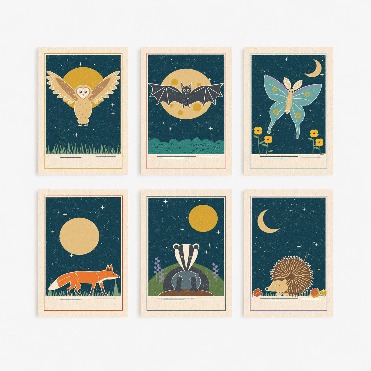 Set of Six Nocturnal Animal Art Prints - 6 Moonlit Linocut Style Posters - Barn Owl, Bat, Moth, Fox, Badger, Hedgehog Illustration
