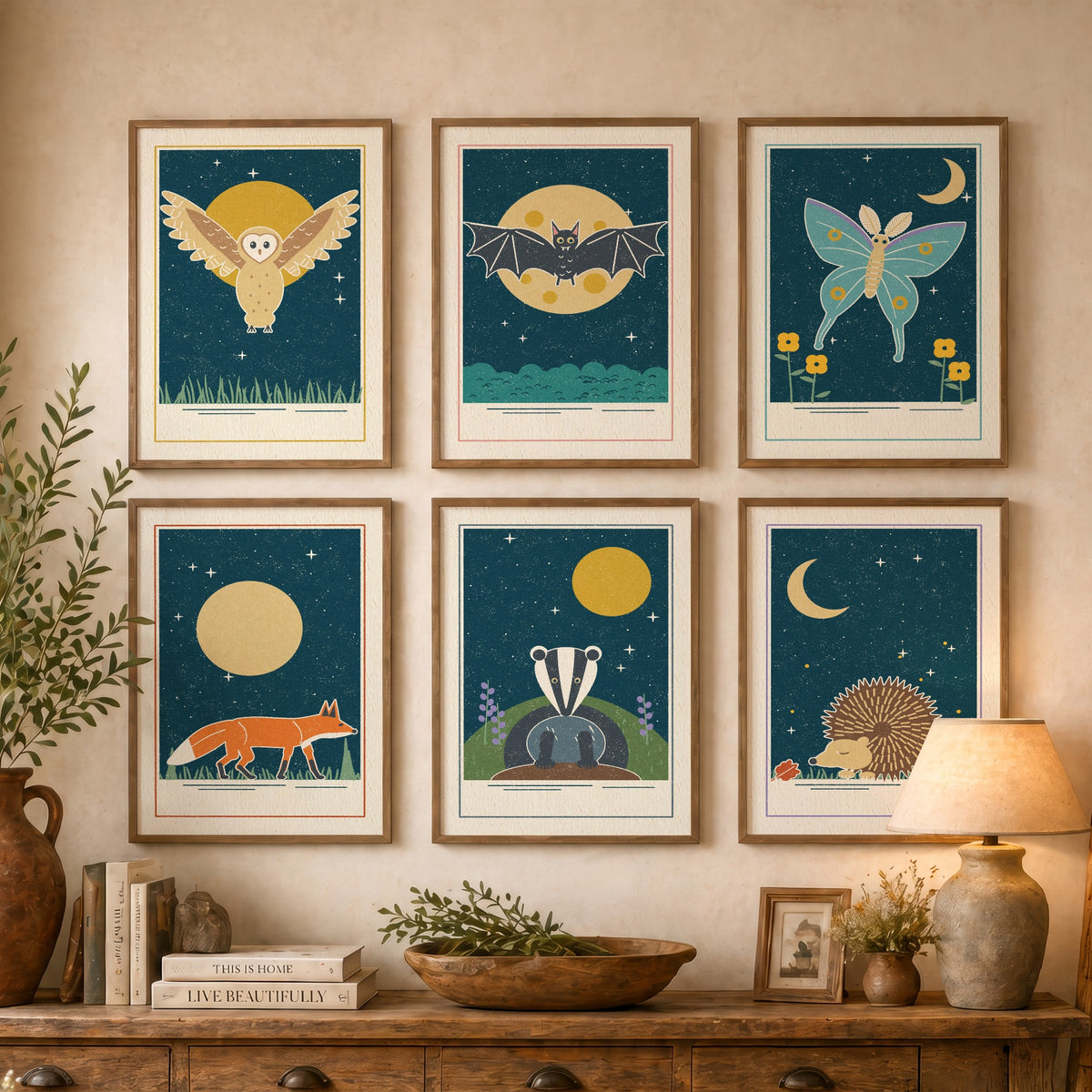 Set of Six Nocturnal Animal Art Prints - 6 Moonlit Linocut Style Posters - Barn Owl, Bat, Moth, Fox, Badger, Hedgehog Illustration
