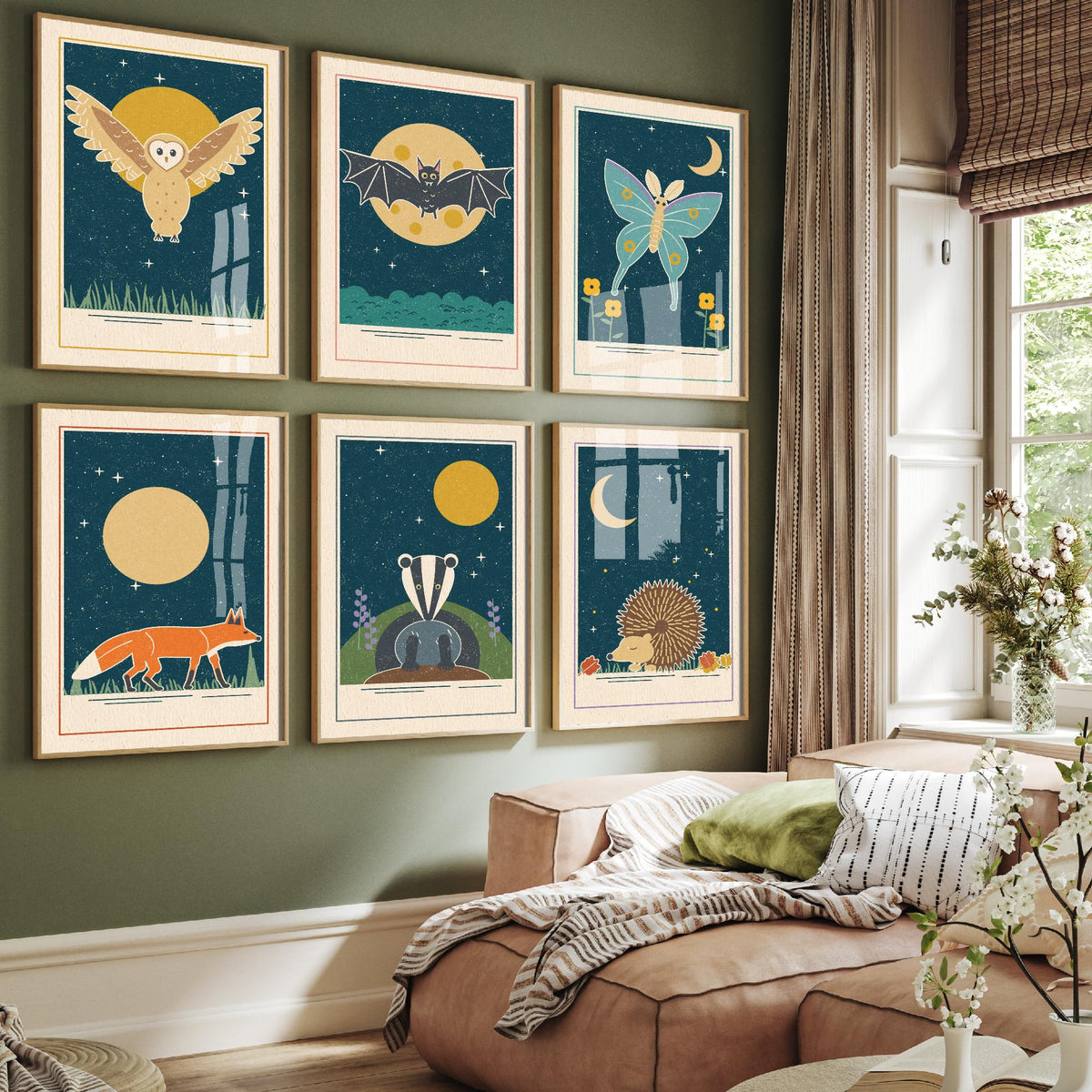 Set of Six Nocturnal Animal Art Prints - 6 Moonlit Linocut Style Posters - Barn Owl, Bat, Moth, Fox, Badger, Hedgehog Illustration
