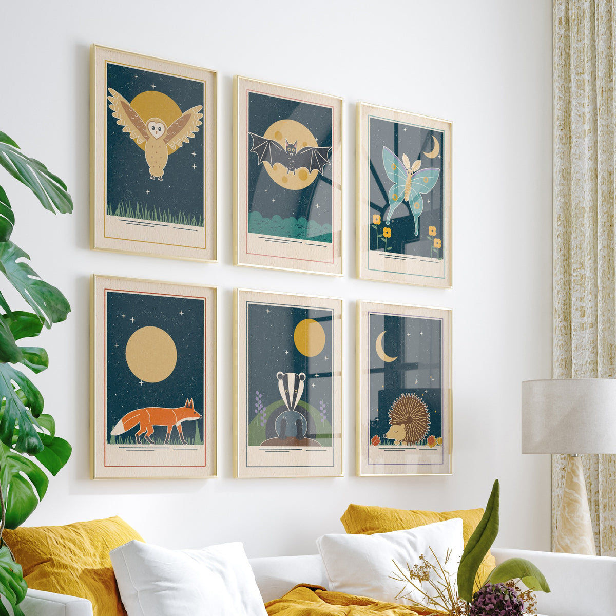 Set of Six Nocturnal Animal Art Prints - 6 Moonlit Linocut Style Posters - Barn Owl, Bat, Moth, Fox, Badger, Hedgehog Illustration