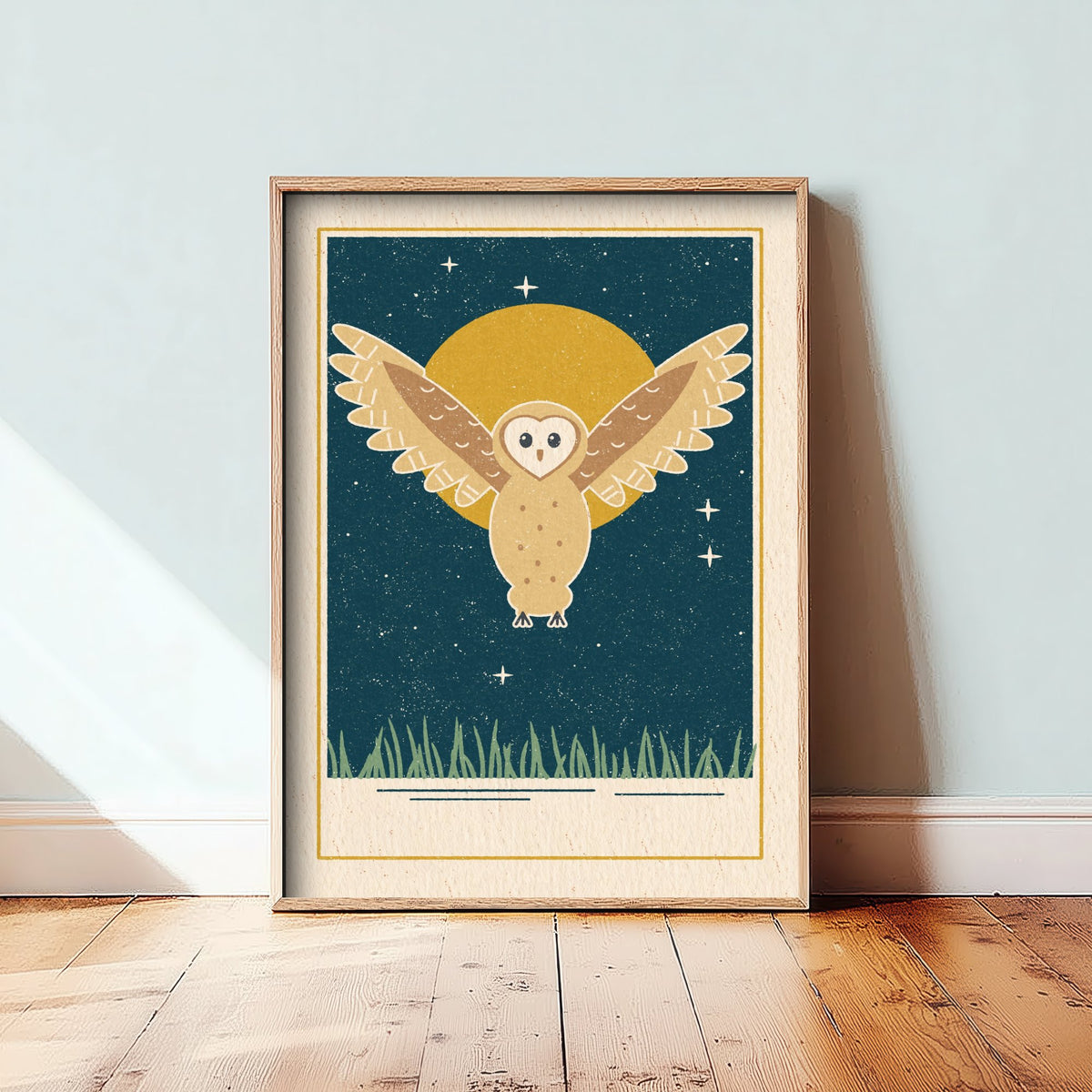 Barn Owl Art Print - Moonlit Night Sky Nursery Poster - Linocut Style Illustration V1 1/3