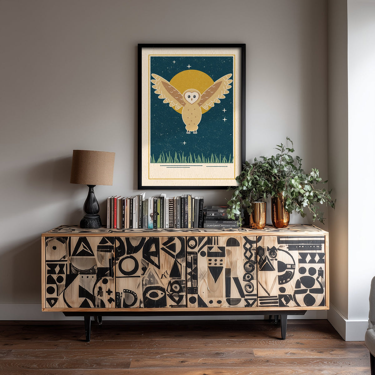 Barn Owl Art Print - Moonlit Night Sky Nursery Poster - Linocut Style Illustration V1 1/3