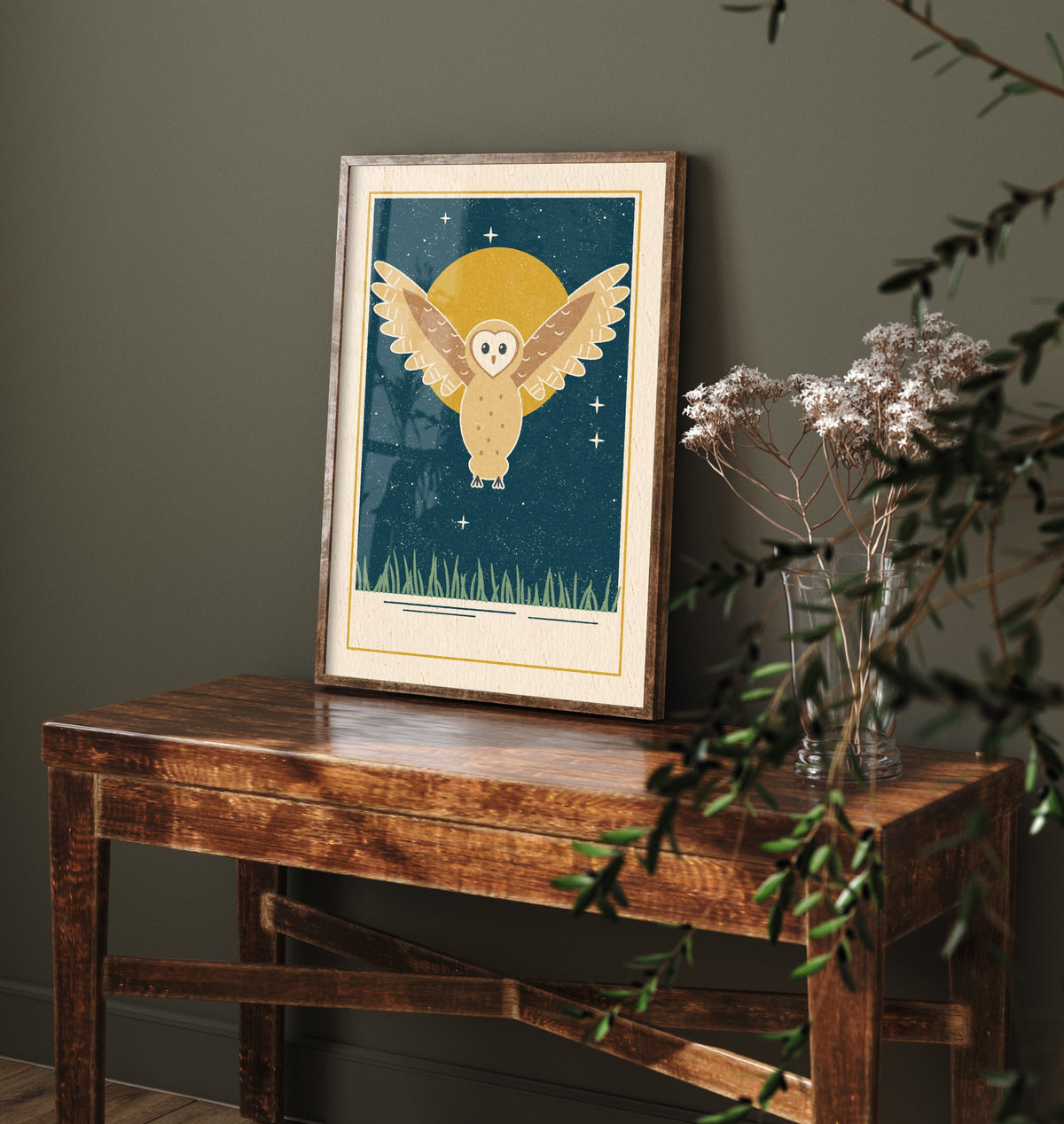 Barn Owl Art Print - Moonlit Night Sky Nursery Poster - Linocut Style Illustration V1 1/3