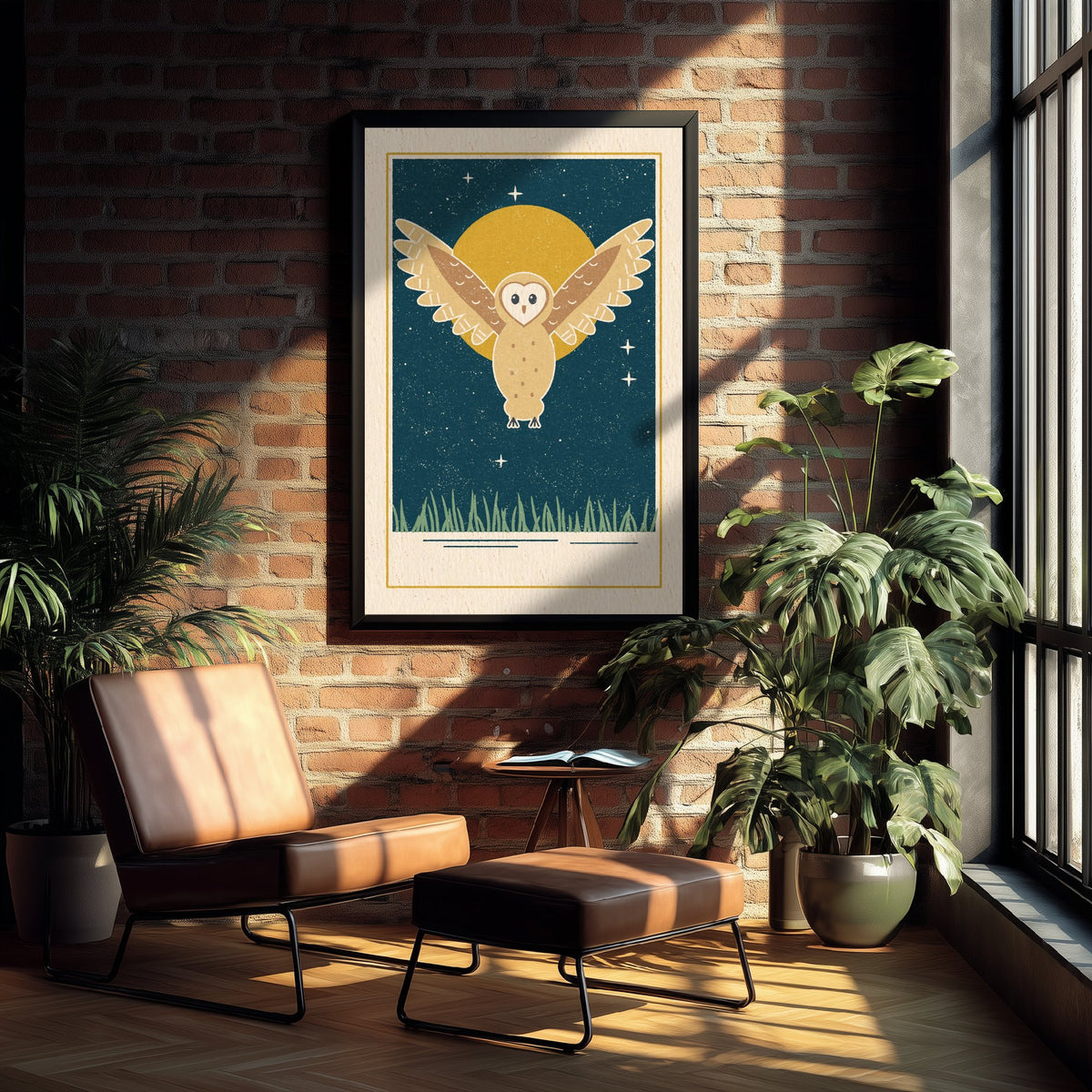 Barn Owl Art Print - Moonlit Night Sky Nursery Poster - Linocut Style Illustration V1 1/3