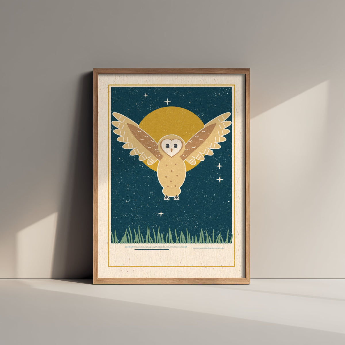 Barn Owl Art Print - Moonlit Night Sky Nursery Poster - Linocut Style Illustration V1 1/3