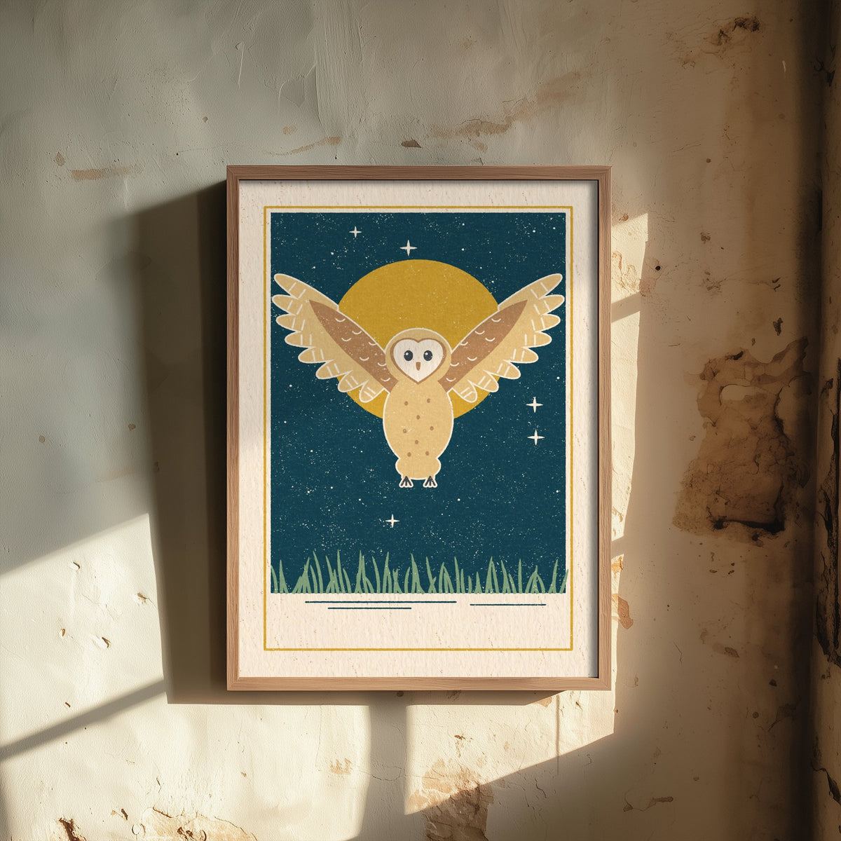 Barn Owl Art Print - Moonlit Night Sky Nursery Poster - Linocut Style Illustration V1 1/3