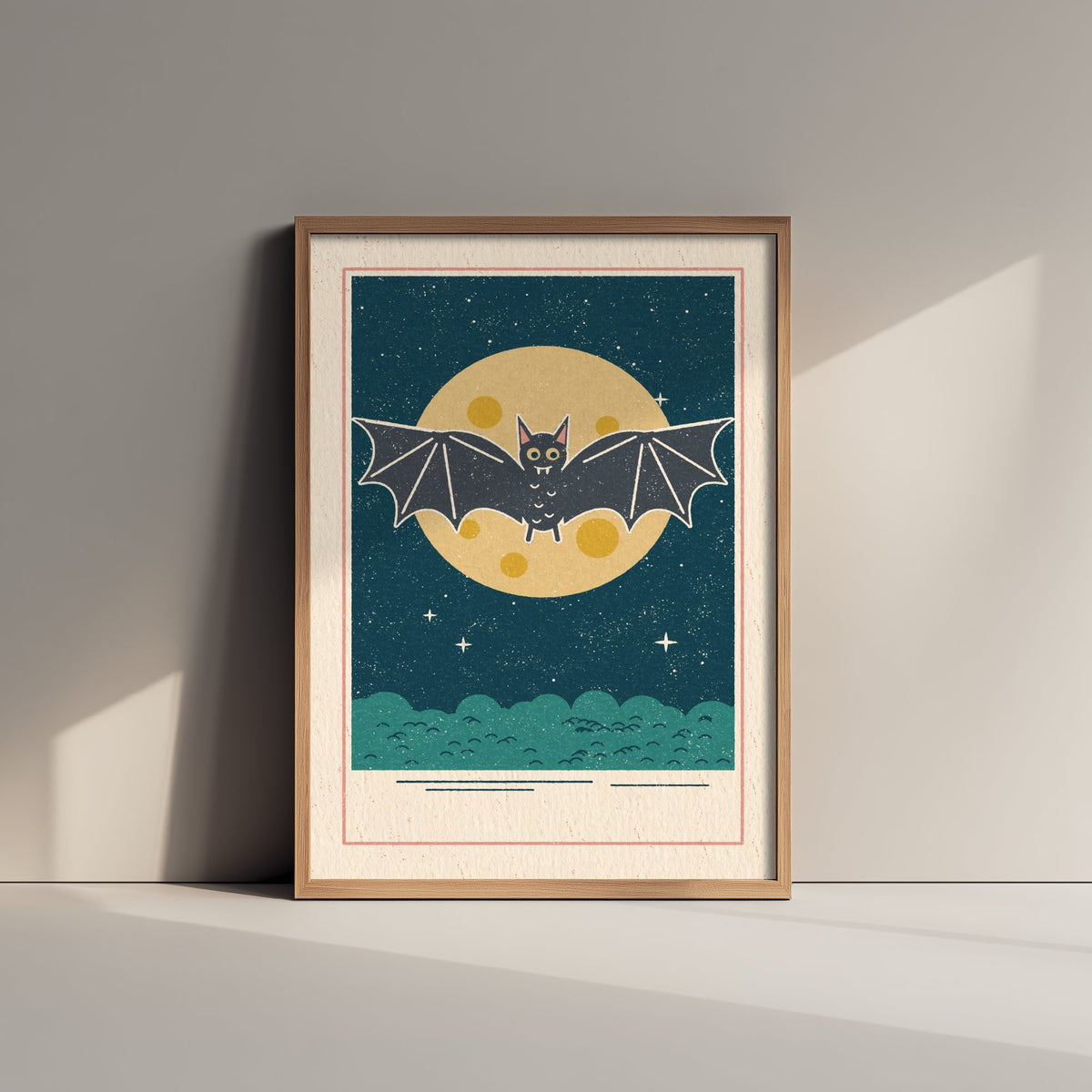 Cute Bat Art Print - Full Moon Halloween Poster - Retro Night Sky Illustration V1 2/3