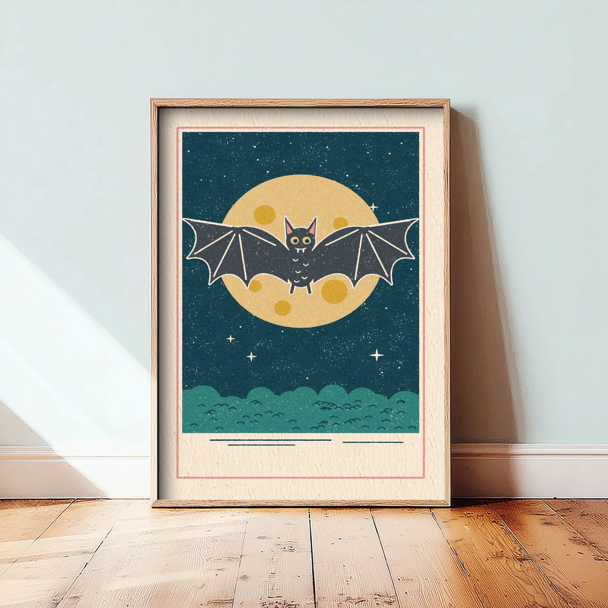 Cute Bat Art Print - Full Moon Halloween Poster - Retro Night Sky Illustration V1 2/3