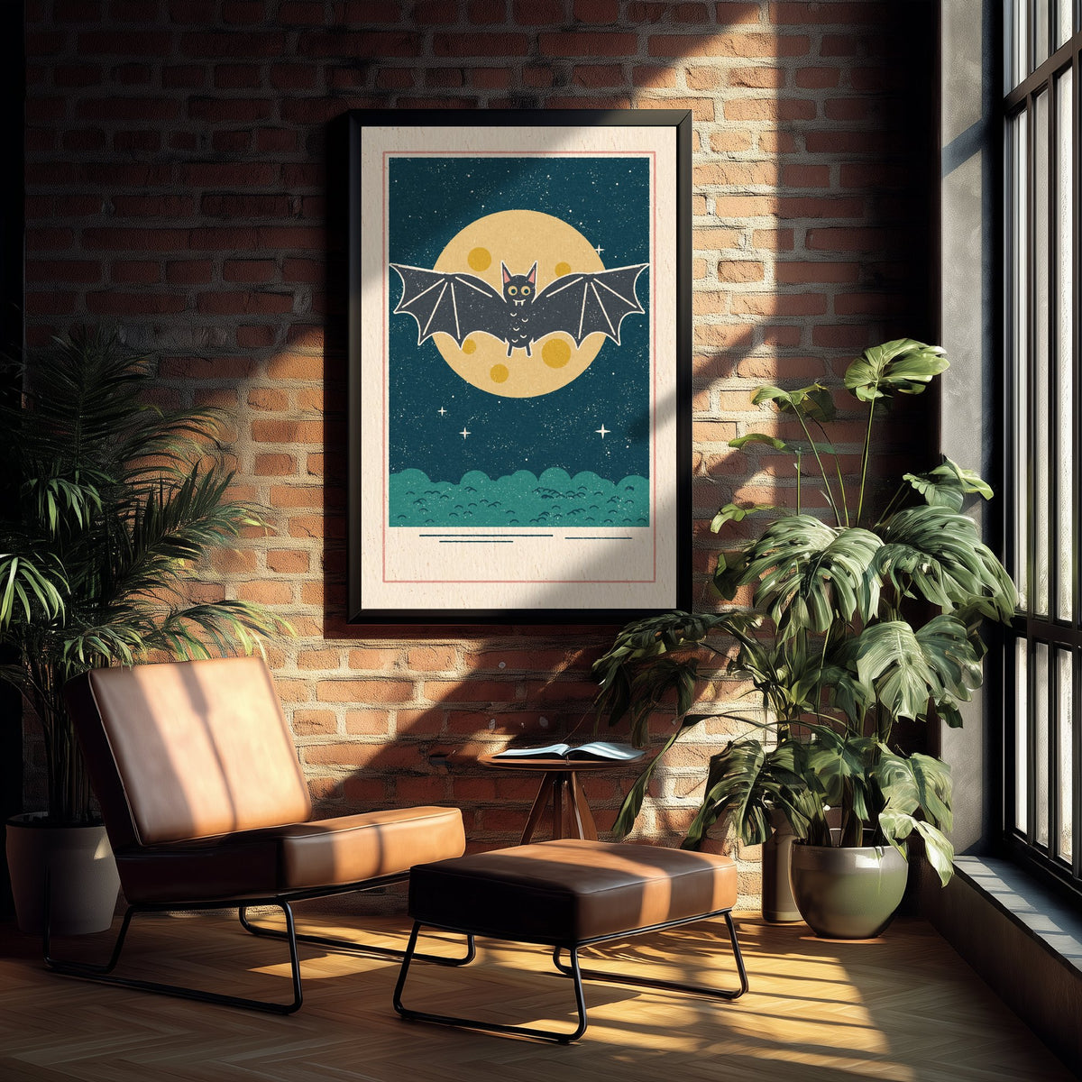 Cute Bat Art Print - Full Moon Halloween Poster - Retro Night Sky Illustration V1 2/3