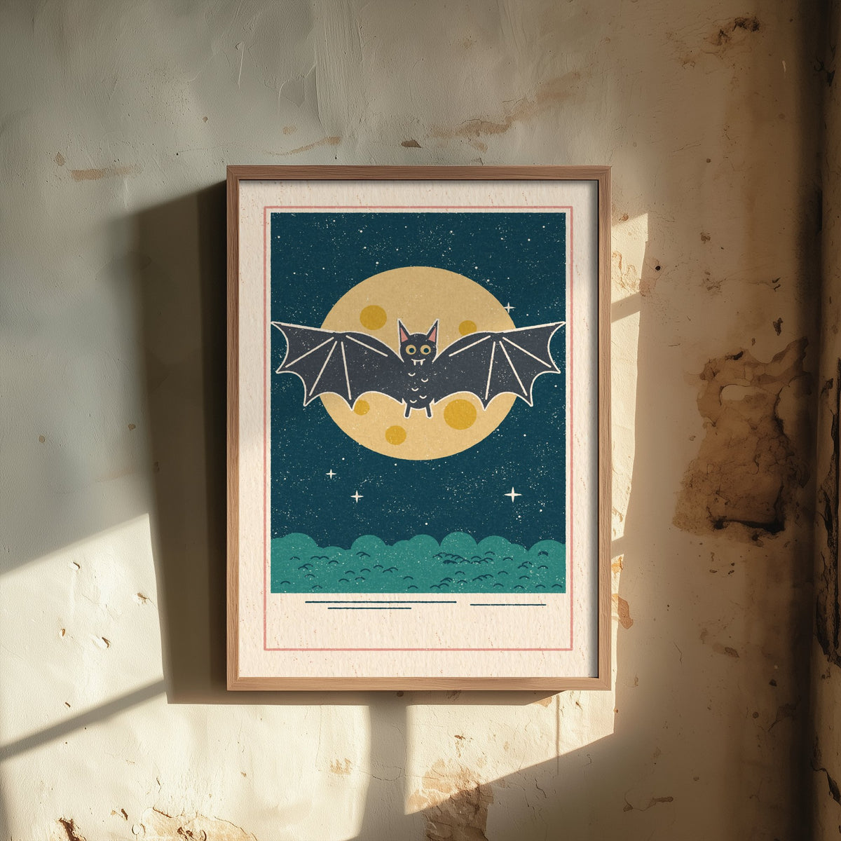 Cute Bat Art Print - Full Moon Halloween Poster - Retro Night Sky Illustration V1 2/3