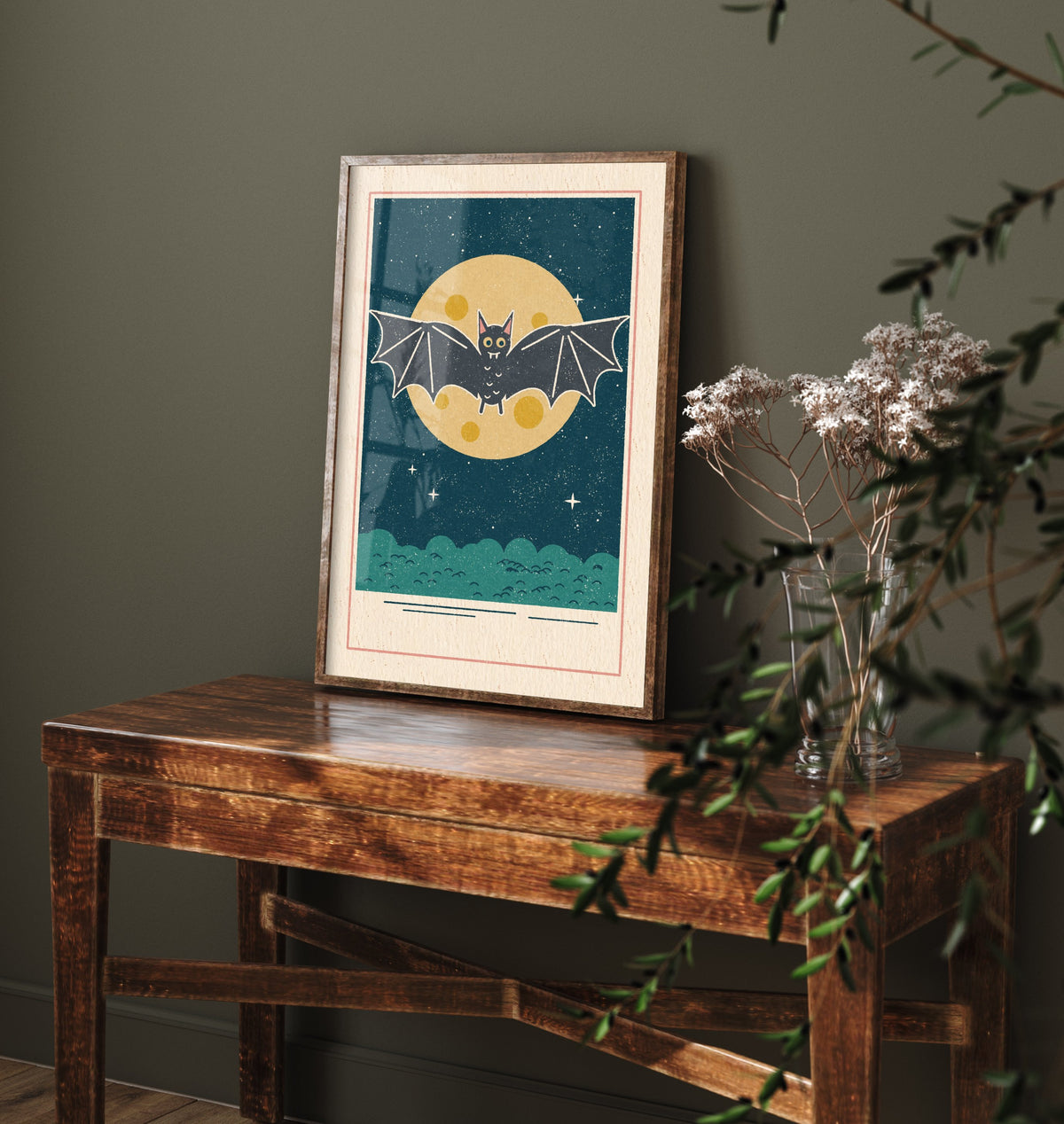 Cute Bat Art Print - Full Moon Halloween Poster - Retro Night Sky Illustration V1 2/3