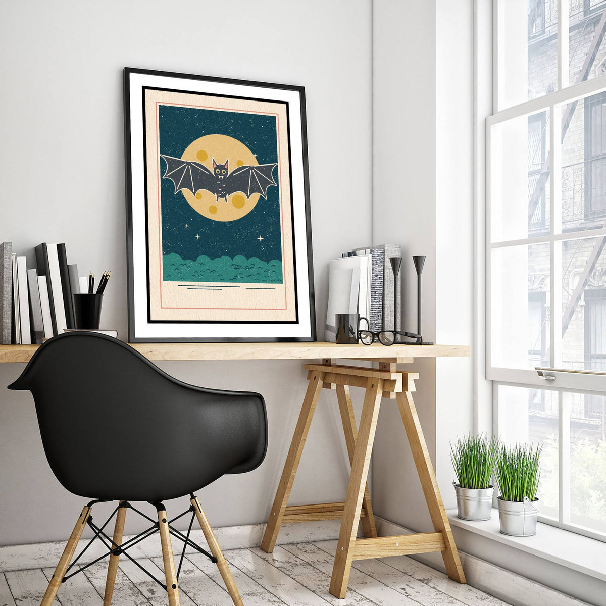 Cute Bat Art Print - Full Moon Halloween Poster - Retro Night Sky Illustration V1 2/3