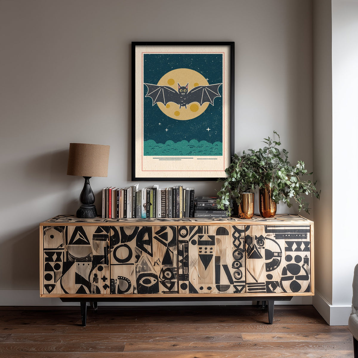 Cute Bat Art Print - Full Moon Halloween Poster - Retro Night Sky Illustration V1 2/3