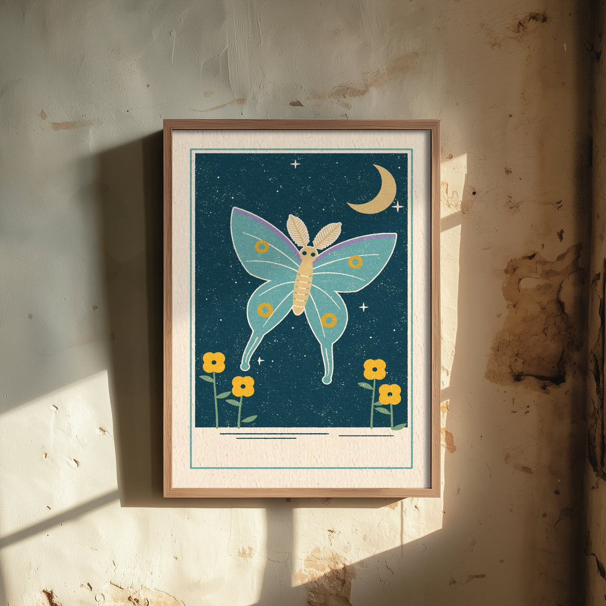 Luna Moth Art Print - Crescent Moon Night Garden Poster - Mint and Mustard Illustration V1 3/3