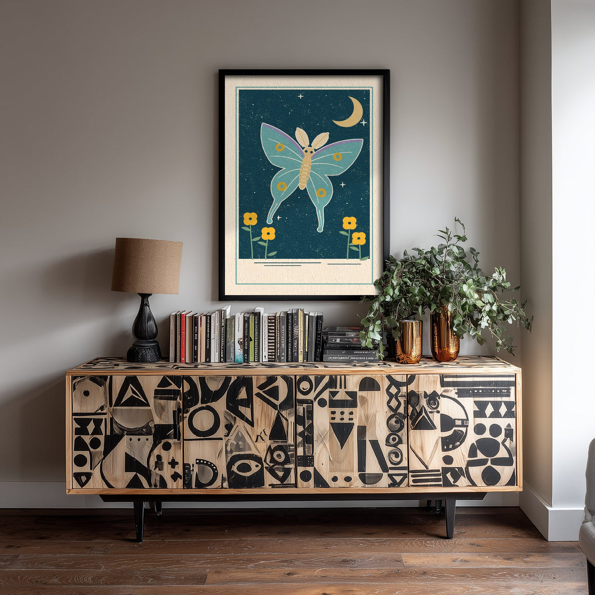 Luna Moth Art Print - Crescent Moon Night Garden Poster - Mint and Mustard Illustration V1 3/3