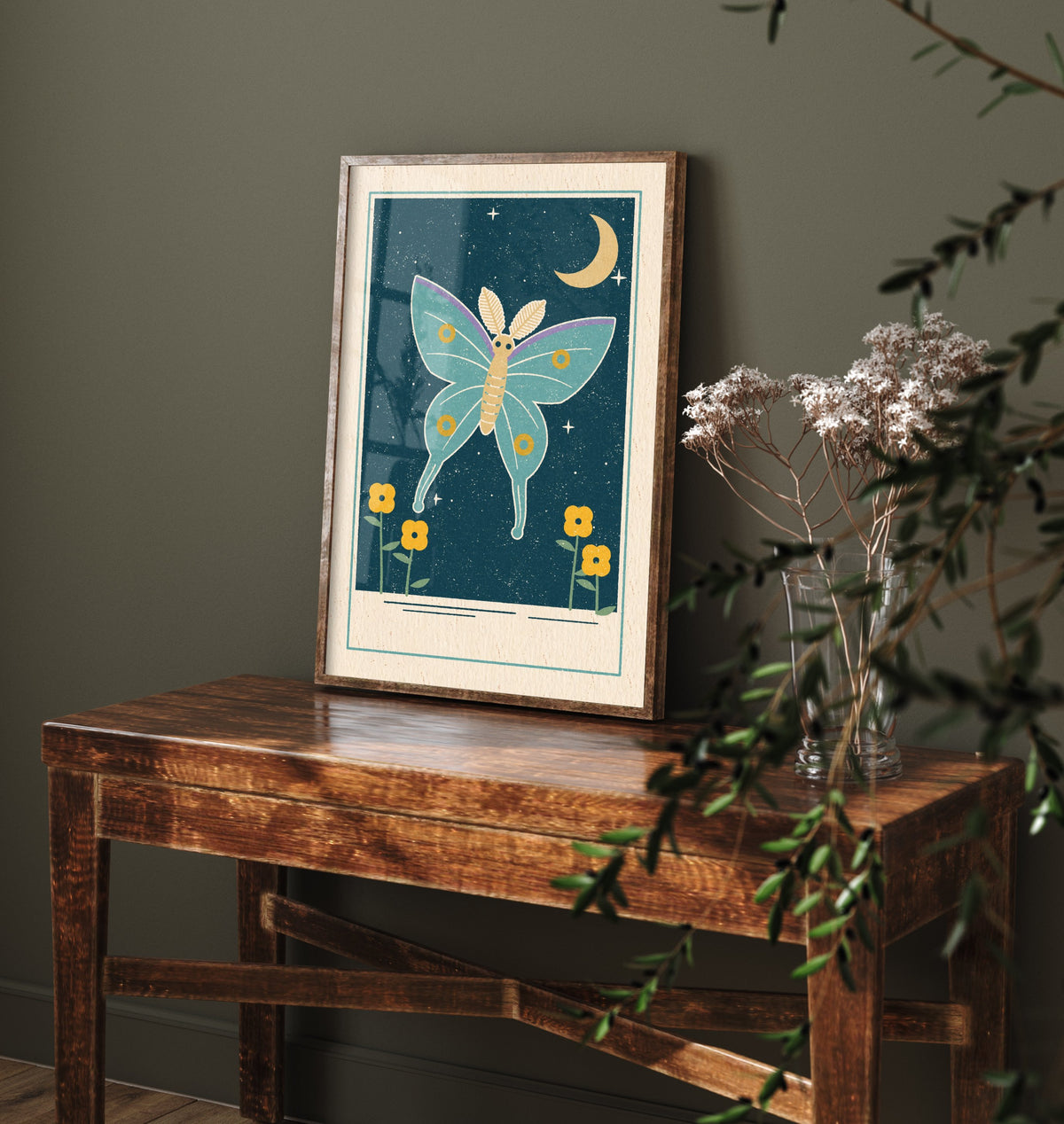 Luna Moth Art Print - Crescent Moon Night Garden Poster - Mint and Mustard Illustration V1 3/3