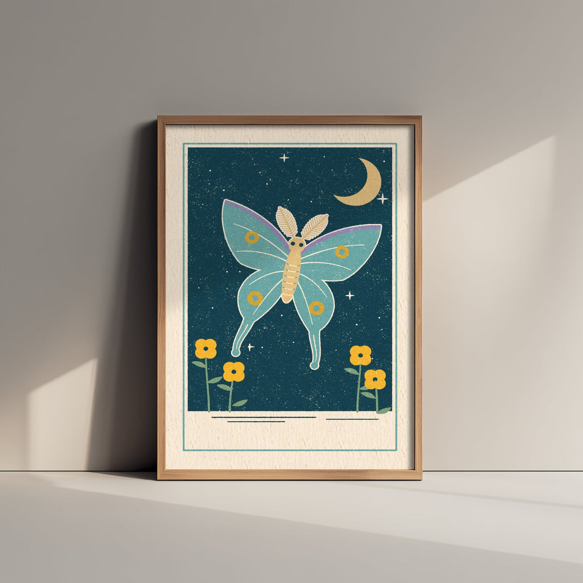 Luna Moth Art Print - Crescent Moon Night Garden Poster - Mint and Mustard Illustration V1 3/3