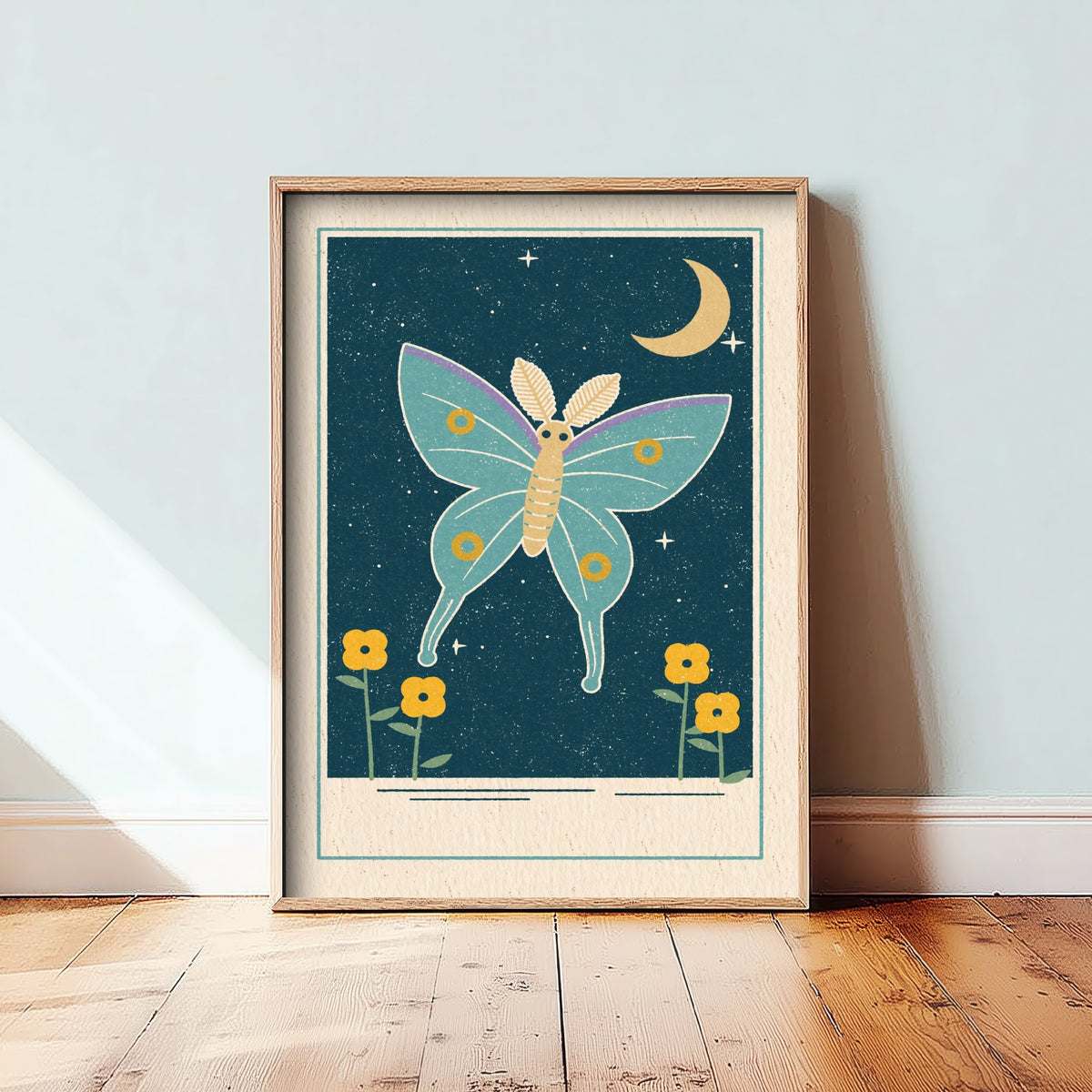 Luna Moth Art Print - Crescent Moon Night Garden Poster - Mint and Mustard Illustration V1 3/3