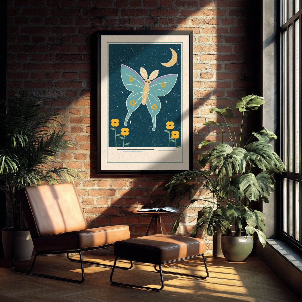 Luna Moth Art Print - Crescent Moon Night Garden Poster - Mint and Mustard Illustration V1 3/3