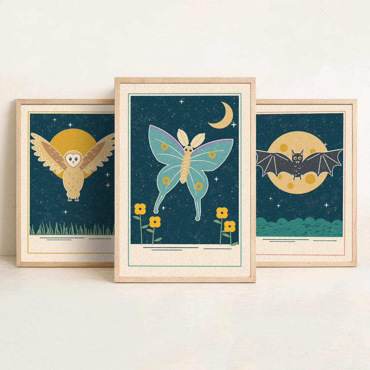 Nocturnal Animal Set of Three Art Prints - Barn Owl, Bat, Moth - Linocut Style Poster Illustration V1