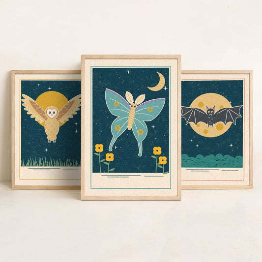 Nocturnal Animal Set of Three Art Prints - Barn Owl, Bat, Moth - Linocut Style Poster Illustration V1