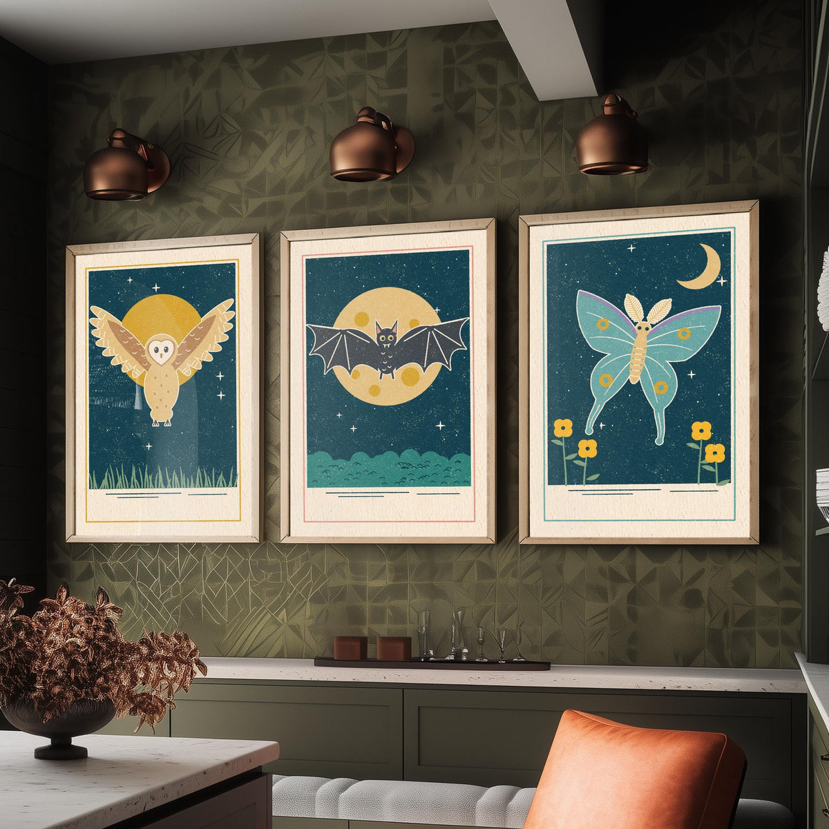 Nocturnal Animal Set of Three Art Prints - Barn Owl, Bat, Moth - Linocut Style Poster Illustration V1