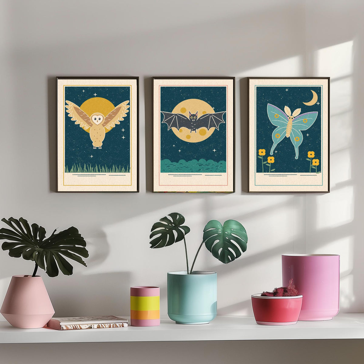Nocturnal Animal Set of Three Art Prints - Barn Owl, Bat, Moth - Linocut Style Poster Illustration V1