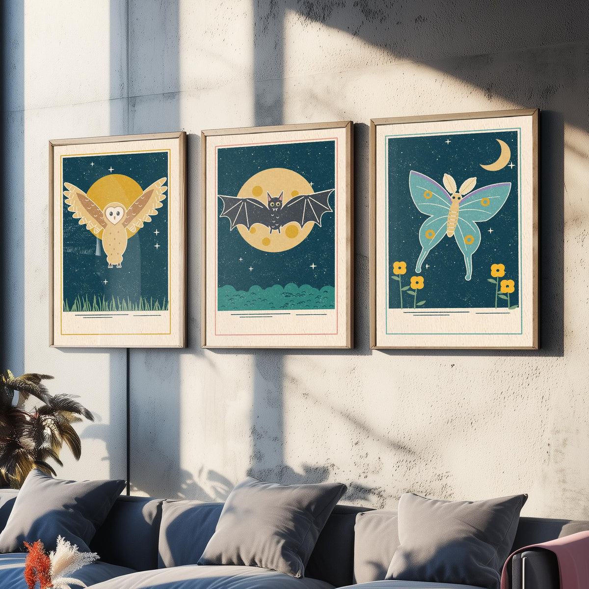 Nocturnal Animal Set of Three Art Prints - Barn Owl, Bat, Moth - Linocut Style Poster Illustration V1