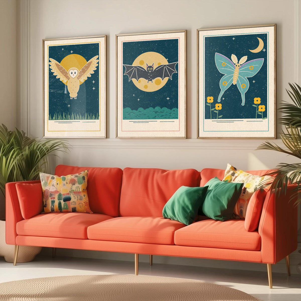 Nocturnal Animal Set of Three Art Prints - Barn Owl, Bat, Moth - Linocut Style Poster Illustration V1