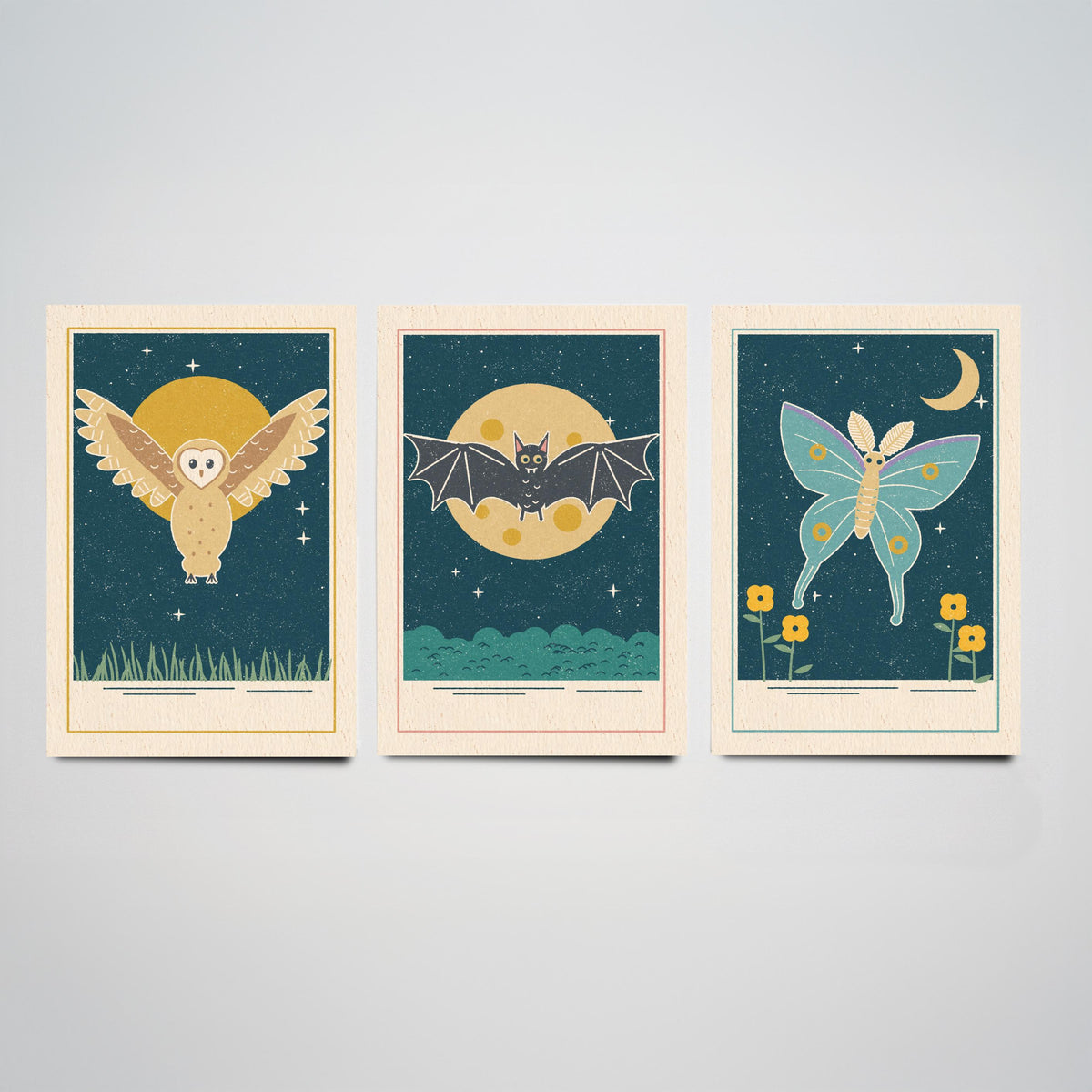 Nocturnal Animal Set of Three Art Prints - Barn Owl, Bat, Moth - Linocut Style Poster Illustration V1