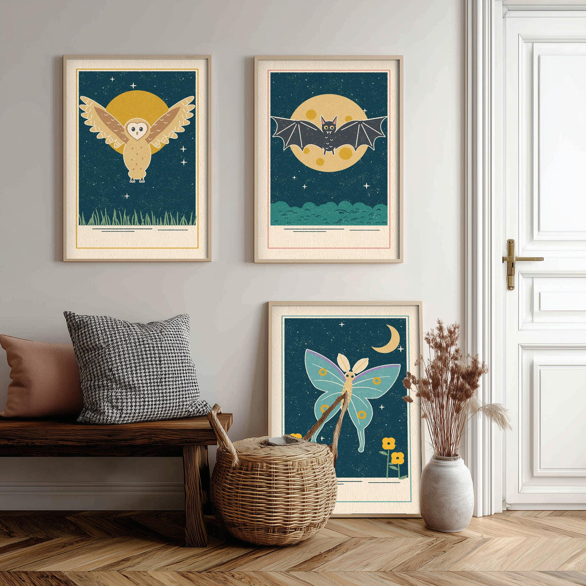 Nocturnal Animal Set of Three Art Prints - Barn Owl, Bat, Moth - Linocut Style Poster Illustration V1