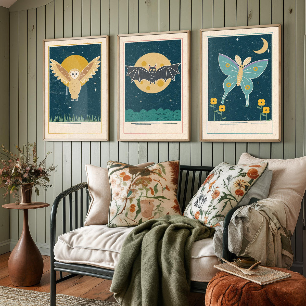 Nocturnal Animal Set of Three Art Prints - Barn Owl, Bat, Moth - Linocut Style Poster Illustration V1